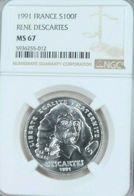 1991 FRANCE SILVER 100 FRANCS S100F RENE DESCARTES NGC MS 67 GEM