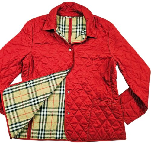 HOT Women's BURBERRY LONDON @ DIAMOND QUILTED NOVA CHECK LINED Snap RED Jacket L