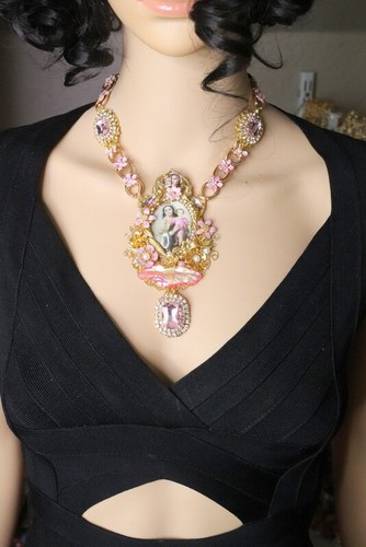 Broche Zibellini Baroque Géante Avec Chérubins Roses Et Strass - Métal Et Perles