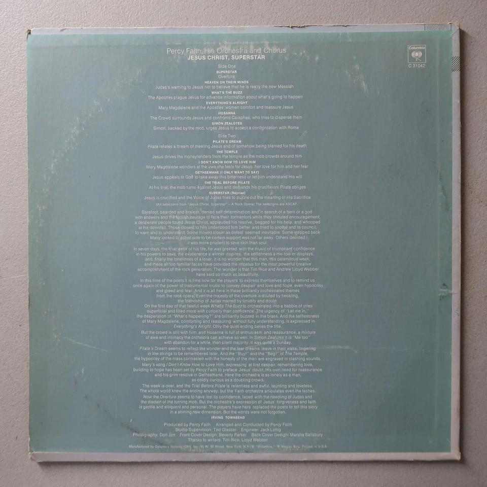 Percy Faith Jesus Christ Super Star Vinyl LP Columbia VG 53 - Image 2 of 4