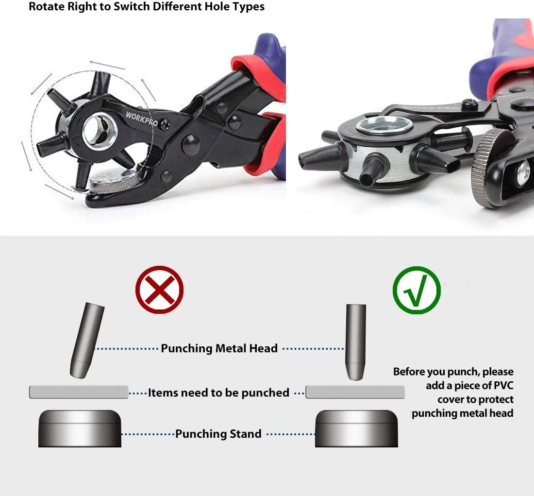 WORKPRO Leather Hole Punch, Belt Hole Puncher, Heavy Duty Revolving