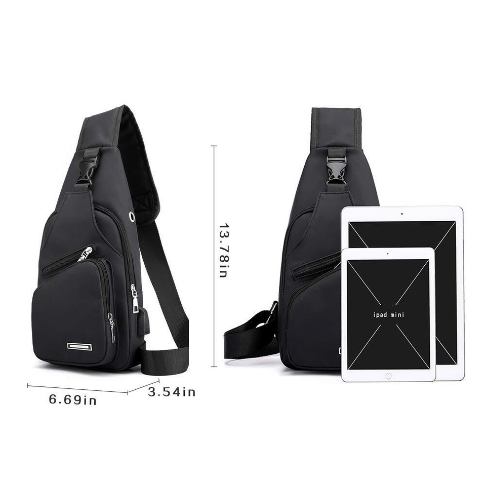 Mens Sling Bag, Leather Sling Bag with USB Charging Port Waterproof