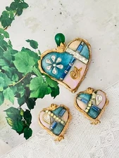 Christian Lacroix Vintage Sacred Heart Logo Inset Cross Emerald Sapphire 2 Set