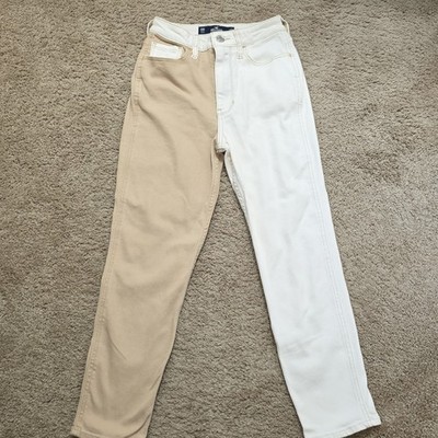 Hollister Ultra High-Rise Mom Jeans Colorblock Beige/White Stretch Denim