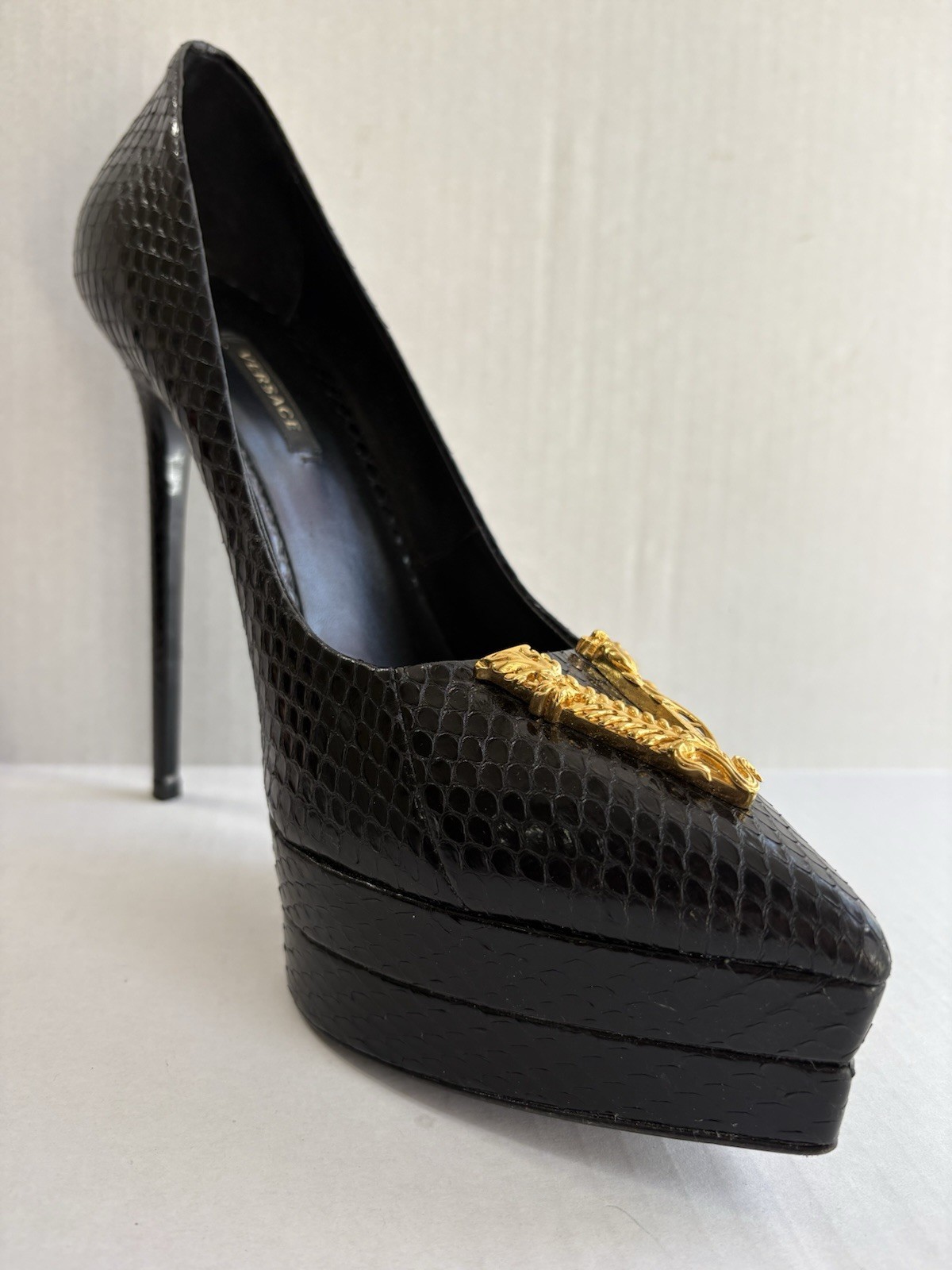 Versace Black Python Snakeskin Playform High Heel… - image 16