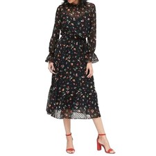 Banana Republic Black Floral Sheer Clip-Dot Midi Dress Size 2