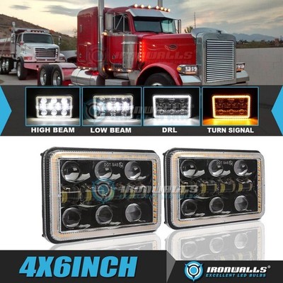 For Kenworth T800 W900 Peterbilt 357 359 Pair 4x6'' LED Headlights Hi-Lo DRL
