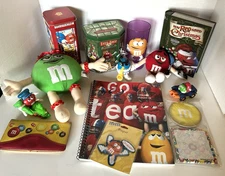 Lot K M&M's Tins, Plush, Dispenser, Train, Magnet, Notes, Notebook, Tumbler