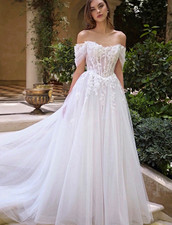 White Off Shoulder Corset Portrait Neck Lace Beaded A-Line Wedding dress