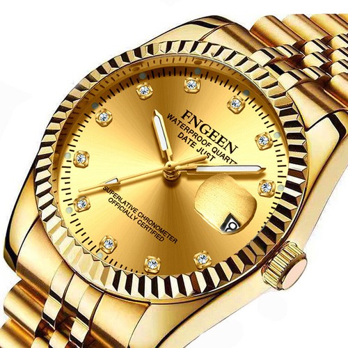 New Men's Gold Stainless Classic Dial Steel Quartz Watch - Picture 4 of 13