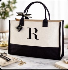 Mud Pie R Initial Canvas Tote Bag Monogram Black Cream Large Shopper Gift New