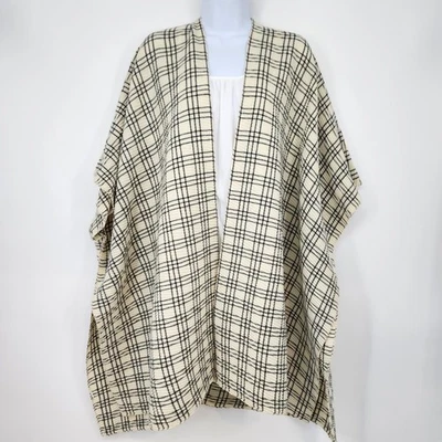 Cream Black Windowpane Plaid Open Front Kimono Shawl Wrap Cardigan ModernPoncho - Image 1 of 4