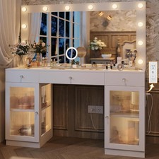 Vanity Desk with Large Mirror and Lights Glass Top Makeup Vanity Lights Power