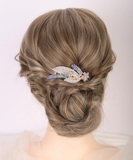 Bridal Crystal Hair Comb Leaf Side Rhinestone Long Teeth Blue Accessory