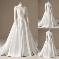 Satin Wedding Dresses Long Sleeve High Neck Lace Applique Illusion Bridal Gown