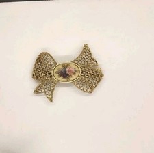 Vintage 1928 Gold Metal Bow with Purple  Lavender Roses 3" Hair Barrette