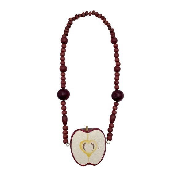 Vintage 90s Wooden Apple Beaded Necklace Teacher Artsy Unique Statement Jewelry