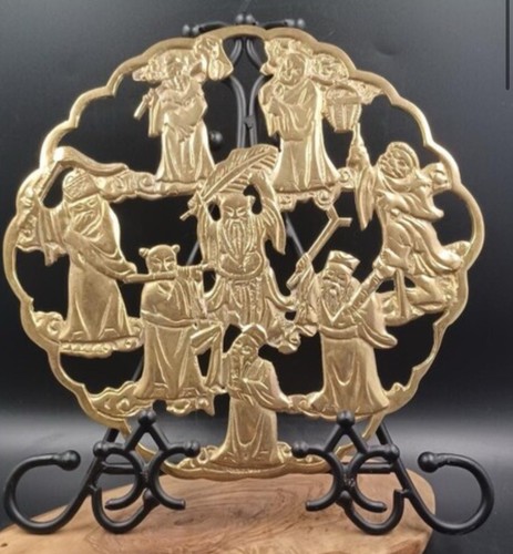 Vintage Tao acht unsterbliche Götter Messing Wandbehang chinesische Patina Feng Shui