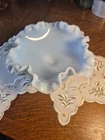 Vtg Aqua blue milk glass pedestal bowl ruffled edge