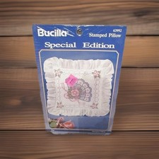 Vtg Bucilla Floral Fan Cross Stitch Pillow Kit 12 x 12 Eyelet Ruffle 63992