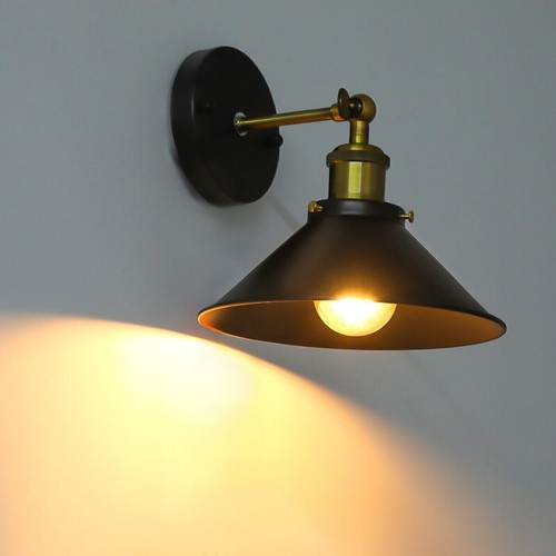 E27 Industrial Wall Light Fittings Tapered Shades Black & Antique Brass Lights - Picture 2 of 15