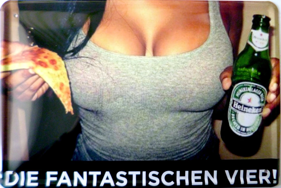 UNBEKANNT Blechschild Schild 20x30cm - Die fantastischen Vier Bier Pizza Frau Busen sexy