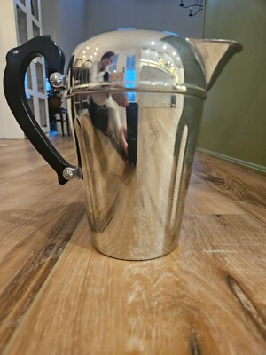 Vintage Metal Water Pitcher with Black Bakelite Handle-Chrome-8''
