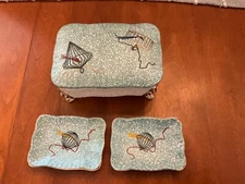 FAB MCM 1960's 3 Piece Blue/ Gold Cigarette Set Pebbled Ceramic Great Design VGC