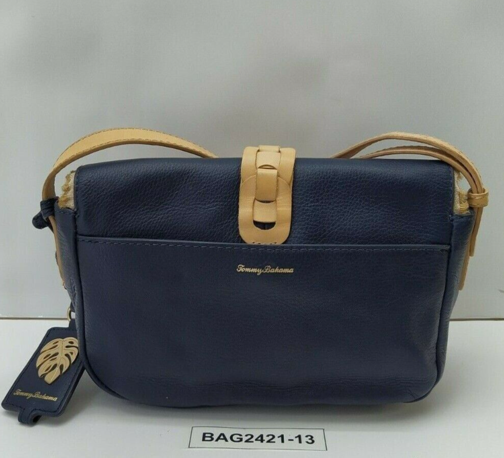 Tommy Bahama Santa Rosa Navy Blue Leather Woven Striped Crossbody Bag $188