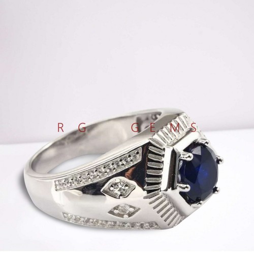 Blue Sapphire Round Cut Gemstone with 925 Sterling Silver Ring For Men #A915 - Picture 3 of 6