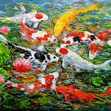 Hand-Painted 9 Koi Fish Oil Painting, Vibrant Colors, Serenity and Prosperity
