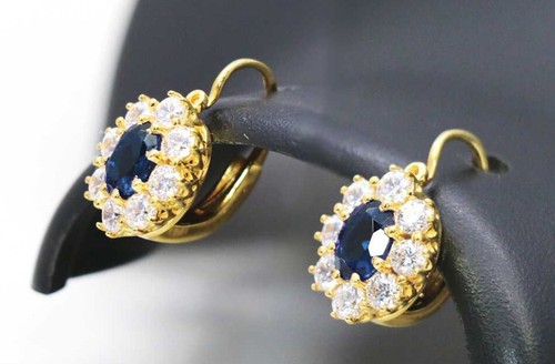 0.80ct Natural round diamond 14K yellow gold sapphire wedding Hoops earrings - Picture 4 of 5