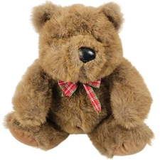 Vintage 24K Mighty Star Brown Plush Bear Red Plaid Bow 12 in Stuffed Animal