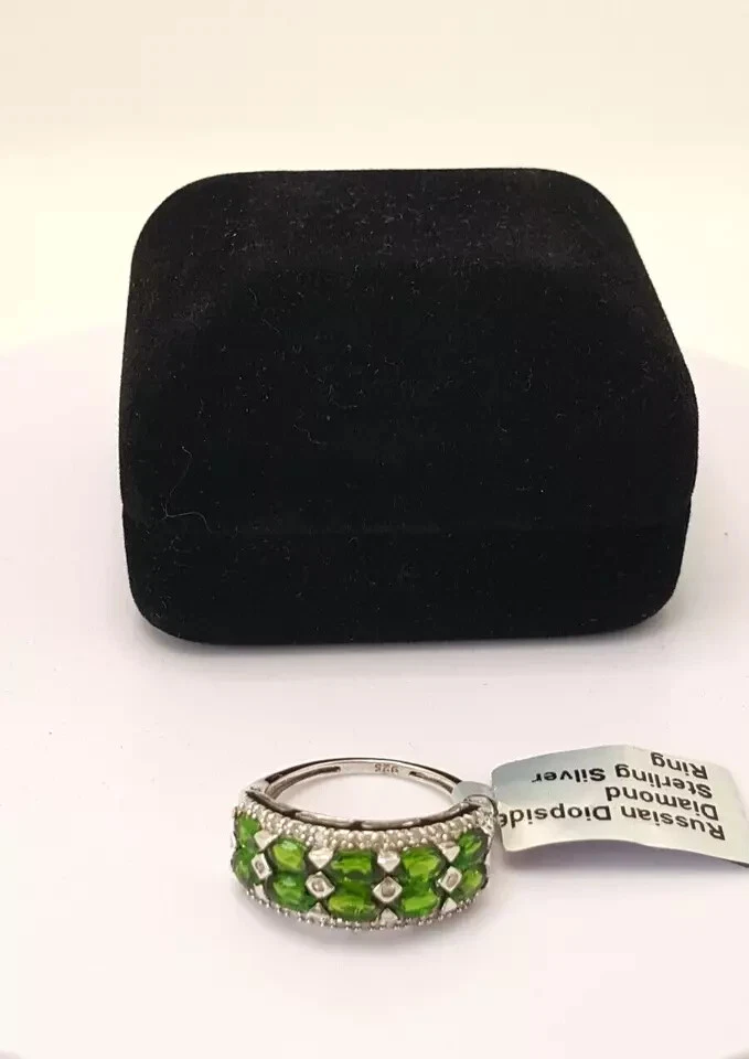 Lindo anel de pedras e diamantes diópsidos reais prata 925 tamanho O~O1/2 #22127 - Imagem 2 de 4