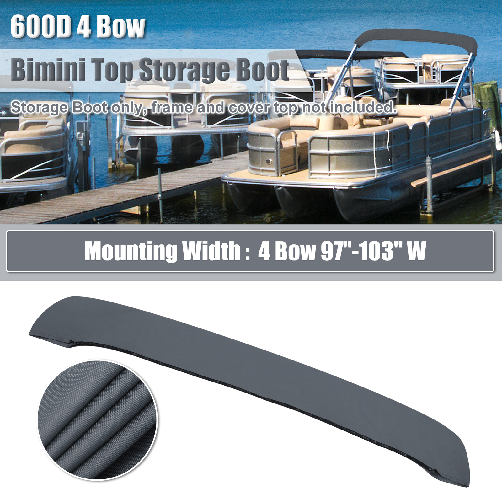 4 Bow Bimini Top Storage Boot No Frame Gray 97"103" W 600D Polyester