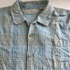 Tommy Bahama Men's Blue Tan Plaid Silk Short Sleeve Button Down XL
