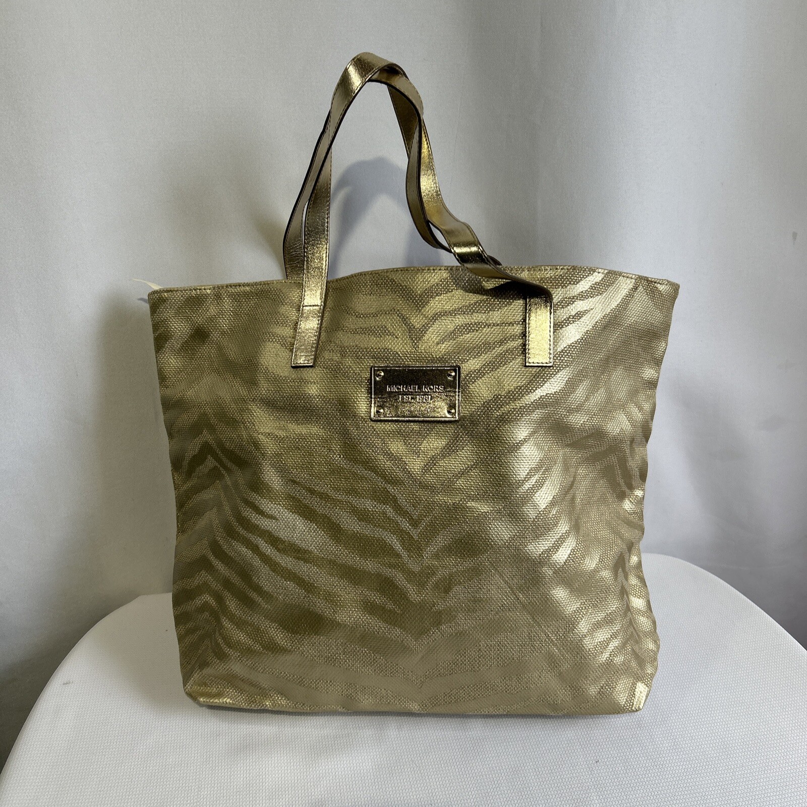 Michael Kors Metallic Gold Canvas W/ Zebra Chevron Print Large Tote Purse Bag