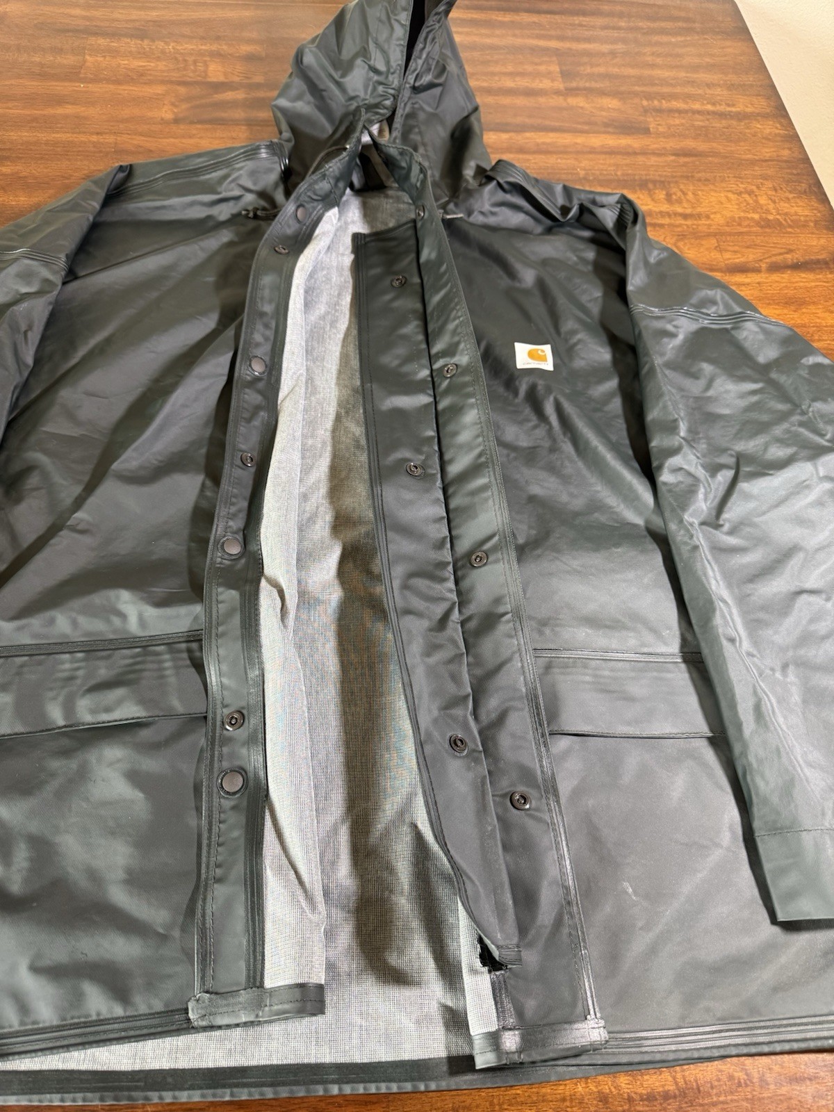 Carhartt Jacket Mens XL Dark Green Waterproof Rain Hooded Work Coat PVC Vinyl thumbnail 4