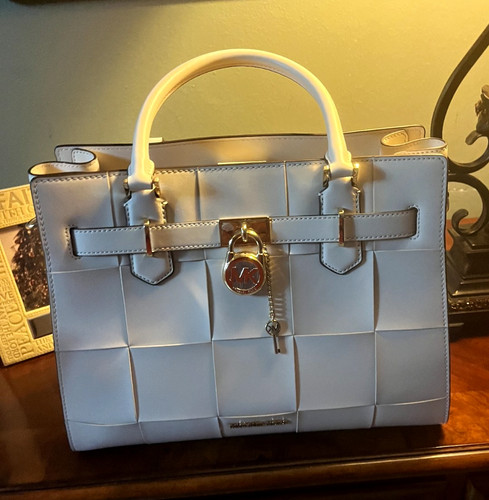 Michael Kors Cream Medium Satchel Top Handle Bag w/ Lock & Key, Gold Logo