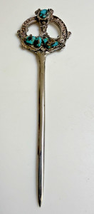 VTG Celtic Hair Stick Hairpin Sterling Silver W/Turquoise 5.25 in Lg Handmade