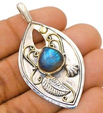 Two Tone Natural Labradorite 925 Solid Sterling Silver Pendant,