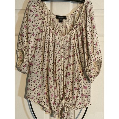 Karen Kane Floral Tie Front Button Down Peasant Top Pink Cream Large