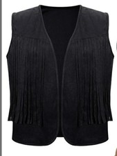 Men's Black Cowboy Hat Tassled Vest Large And Buckle Cosplay Costume