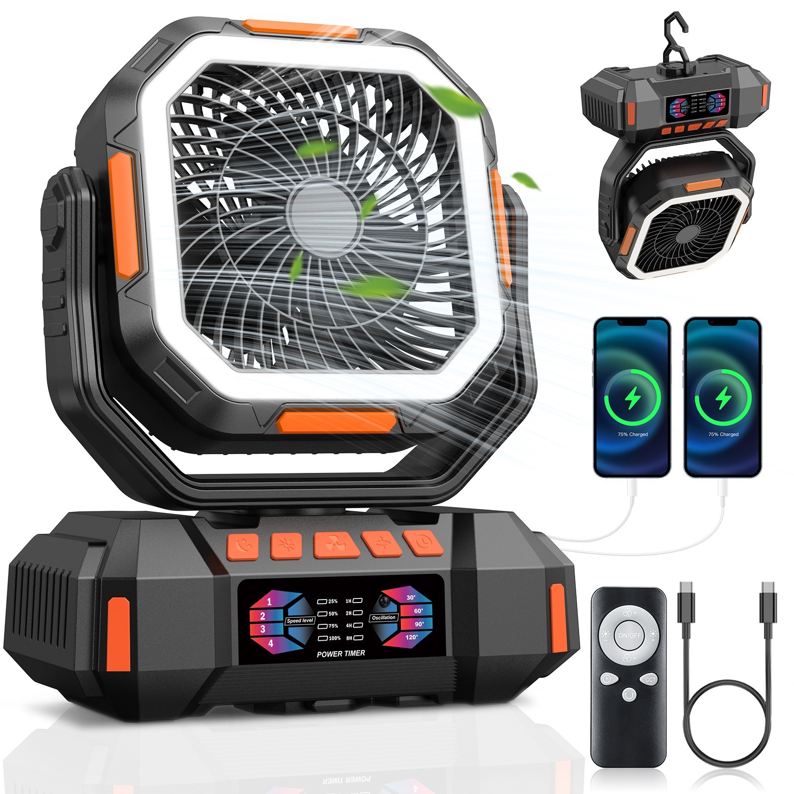 40000mAh Camping Fan Rechargeable Battery Powered Portable Fan with LED Light