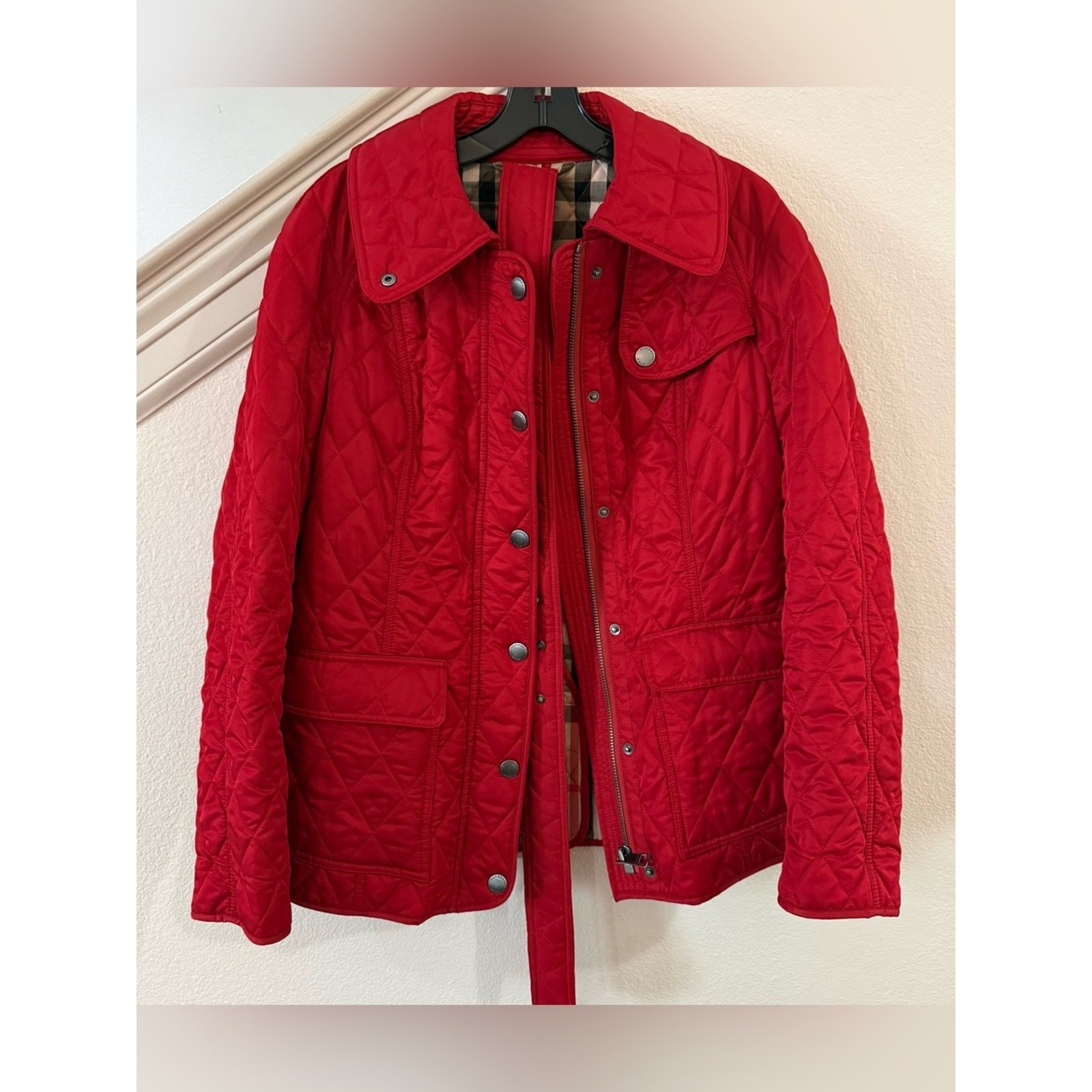 Rare Burberry Brit Quilted Red Women's Jacket - Classic Button & Zip Front- Med