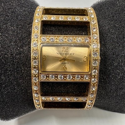 Vernier Watch Womens Gold Tone Rhinestone Accents Bangle Band New Battery