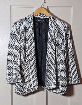 Kasper Blazer L White Black Shawl Open Textured Knit Jacket Career Zebra Boss