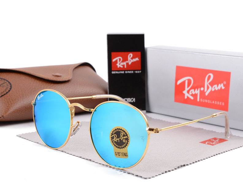 Ray-Ban RB3447 Classic Sunglasses Round Metal Gold Frame Blue Lens