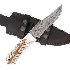 CUSTOM HANDMADE DAMASCUS KNIFE WITH PINE CONE HANDLE PREMIMUM LEATHER SHEATH T23