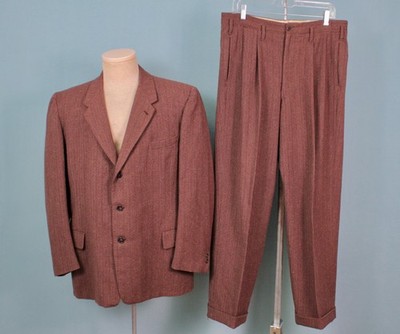 Men's VTG 1948 Brown and Red Flecked 2 PC Wool 3 Button Suit Sz M 1940s 40s